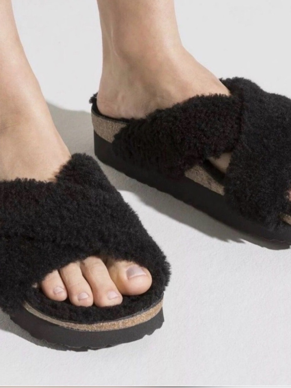 Papillio Black Plush Shearling Crossover Slide Sandals, NWT